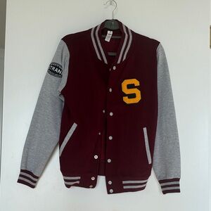 Maroon and Gray Varsity Jacket with Yellow Patch